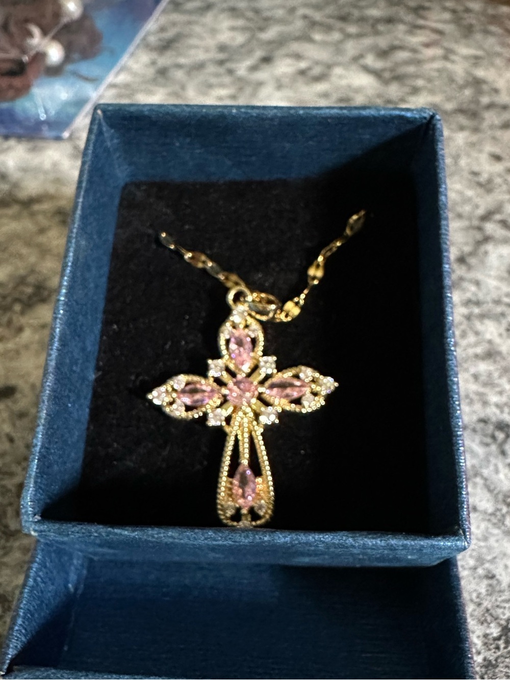 14kt Gold Plated Stainless Steel Cross Necklace with Pink Rhinestones
